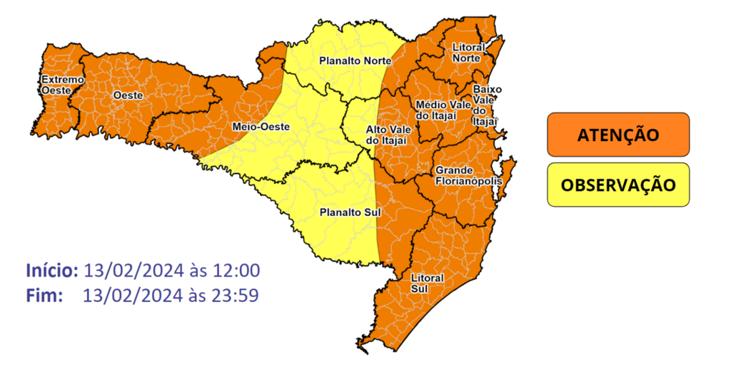  - O risco para alagamentos e enxurradas pontuais, destelhamentos e danos na rede elétrica, é ALTO nas áreas em laranja e MODERADO nas áreas em amarelo do mapa.