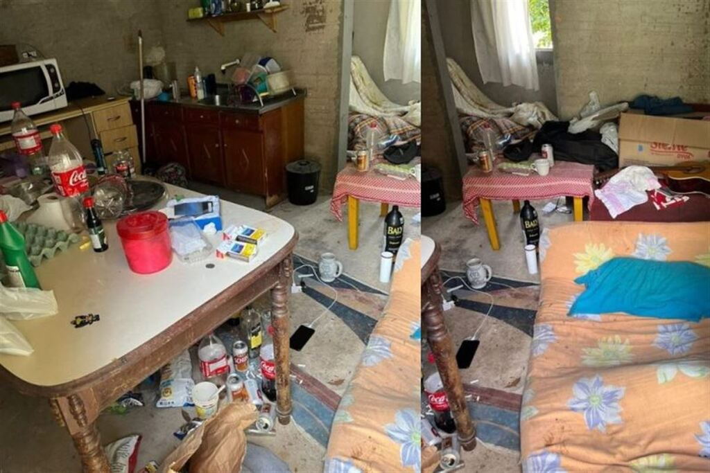Foto: Polícia Civil SC - No ambiente, foram encontradas diversas latas de cerveja e garrafas de bebidas alcoólicas dispersas pelo chão
