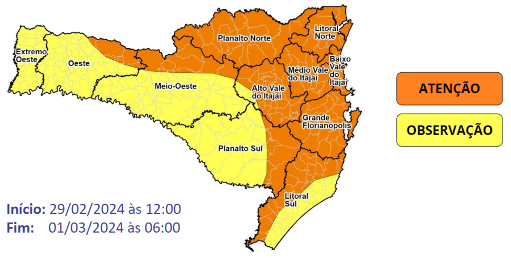 Chuva de até 100 milímetros pode atingir SC nesta quinta-feira