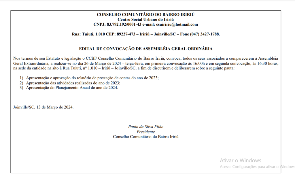 Edital de Convocação de Assembleia Geral Ordinária - Conselho Comunitário do Bairro Iririú