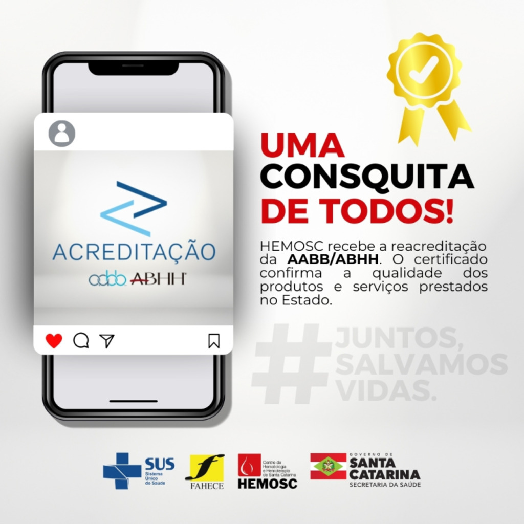 HEMOSC RECEBE CERTIFICADO DE REACREDITAÇÃO DE QUALIDADE DA ABHH/AABB