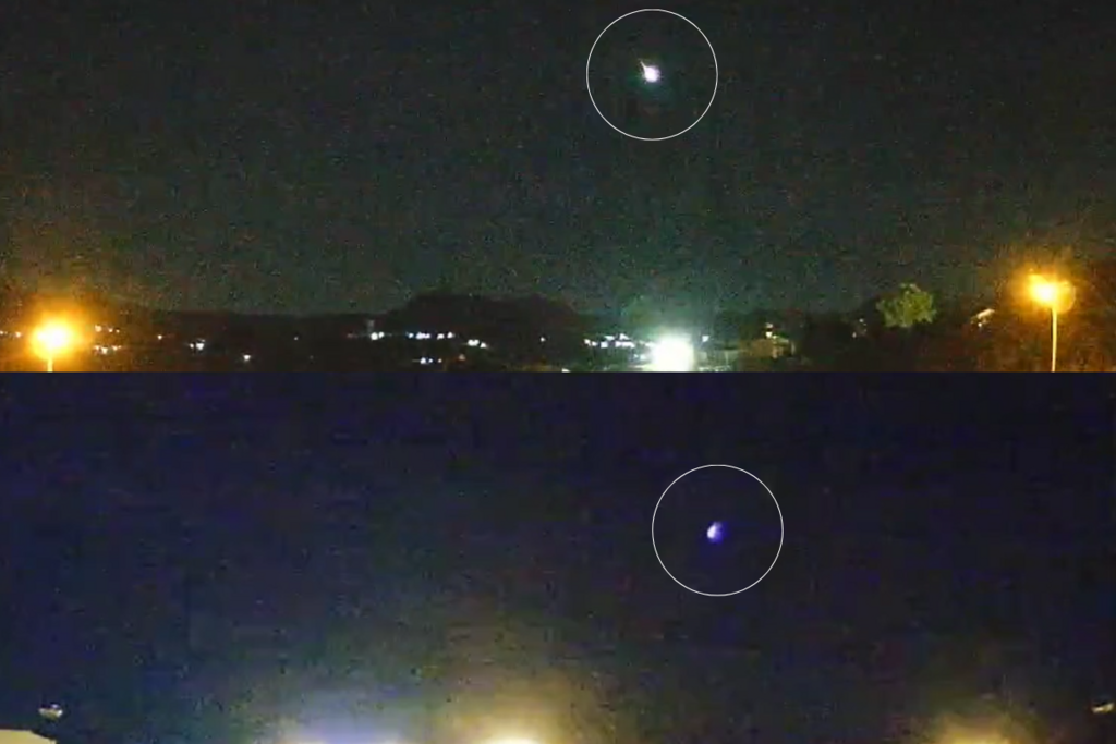  - Na imagem acima, o Fireball, conhecido por seu grande brilho, visto na segunda (25). Na imagem abaixo, outro meteoro registrado nesta quarta (27).