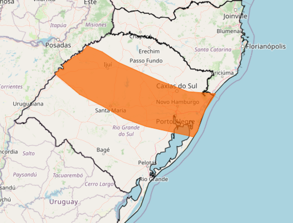 Inmet alerta para tempestade, queda de granizo e ventos fortes para Santa Maria e outros 298 municípios do Rio Grande do Sul
