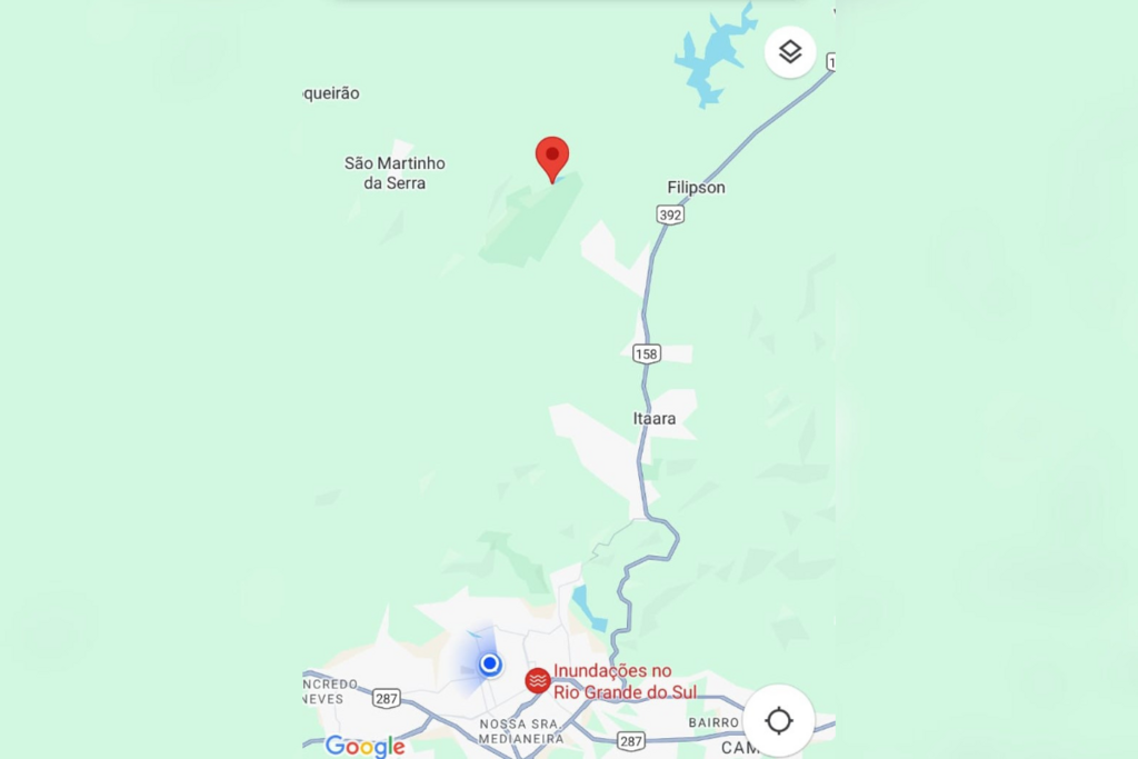 Foto: Google Maps - A Barragem Saturnino é no ponto vermelho. Em azul é a barragem Val de Serra. Água desce pelo rio até a Saturnino, onde tem 3 adutoras que captam água e trazem até a Estação de tratamento da Corsan na Vila Vitória.
