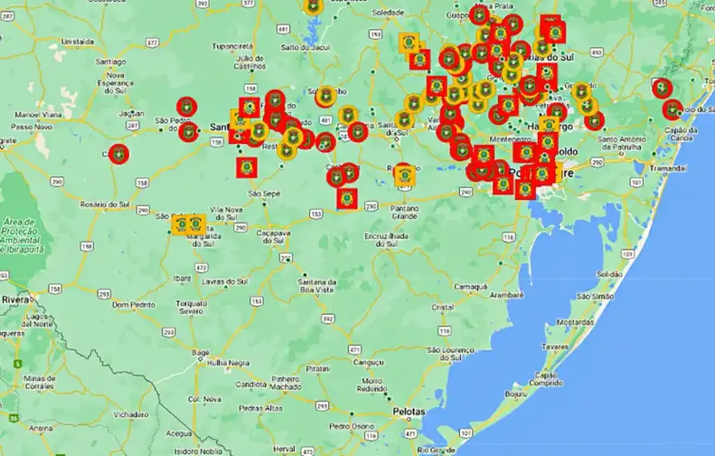 Foto: DAER (Divulgação) - Mapa rodoviário mostra bloqueios em estradas do RS em tempo real.