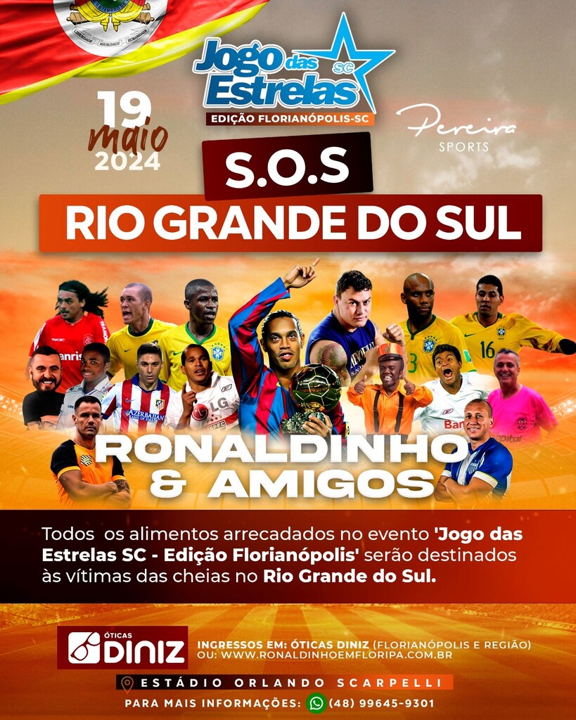Ronaldinho Gaúcho arrecadará doações para o Rio Grande do Sul no Jogo das Estrelas em Florianópolis
