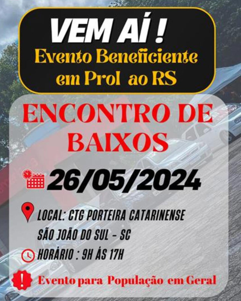AÇÃO BENEFICENTE EM PROL DO RS ACONTECE DOMINGO (26) EM SÃO JOÃO DO SUL