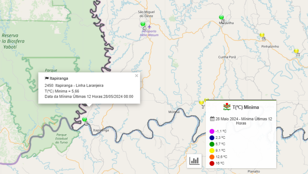  - Imagem retirada do site Agroconnect-Epagri/Ciram. Temperatura mínima registrada nas últimas 12 horas na estação de monitoramento em La. Laranjeira/Itapiranga.