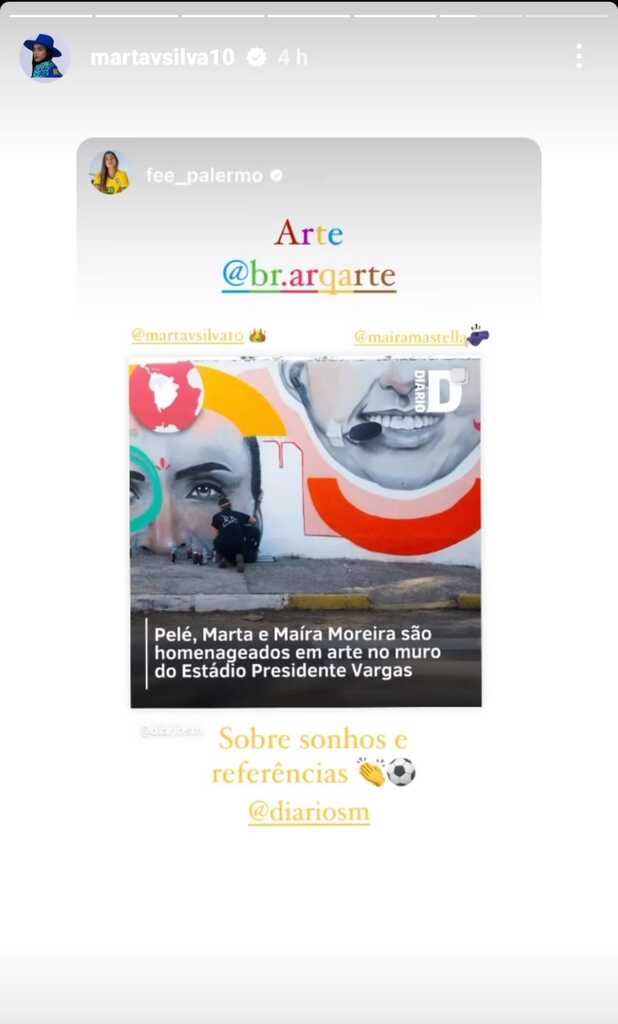 Reprodução - Jogadora Marta, melhor do mundo por várias vezes, compartilhou reportagem do Diário no Instagram