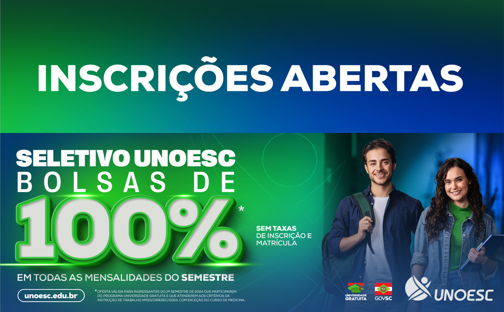 Unoesc oferece inscrições gratuitas e bolsas de 100% para novos estudantes