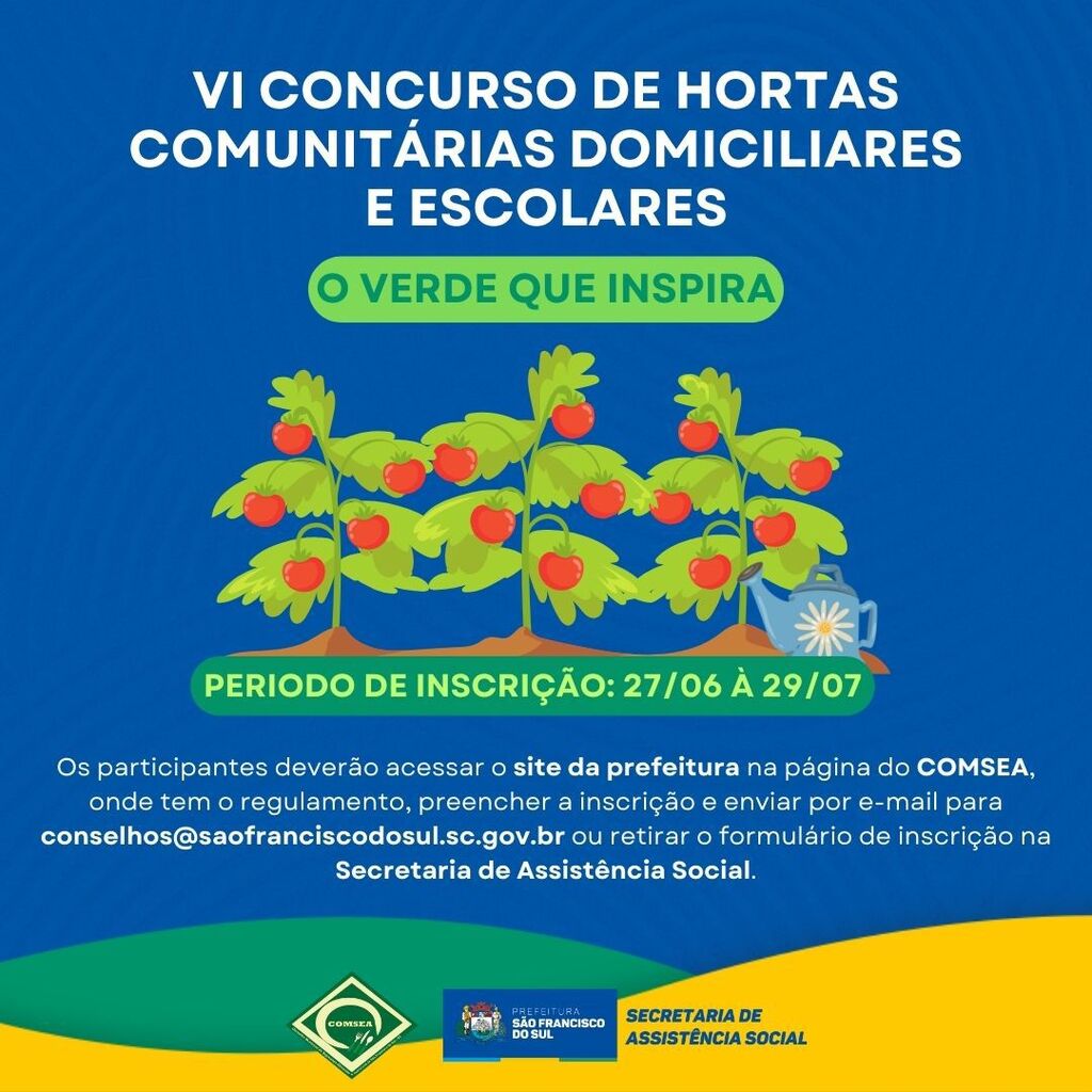 Em São Francisco do Sul inscrições para o VI Concurso de Hortas Comunitárias Domiciliares e Escolares estão abertas