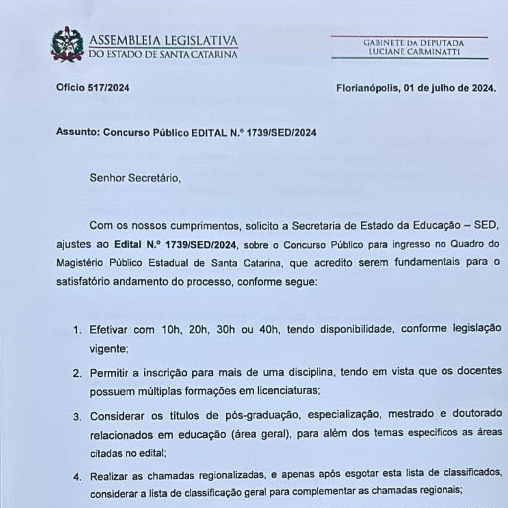 DEPUTADA  LUCIANE CARMINATTI SOLICITA MUDANÇAS NO EDITAL PARA O CONCURSO MAGISTÉRIO DO ESTADO