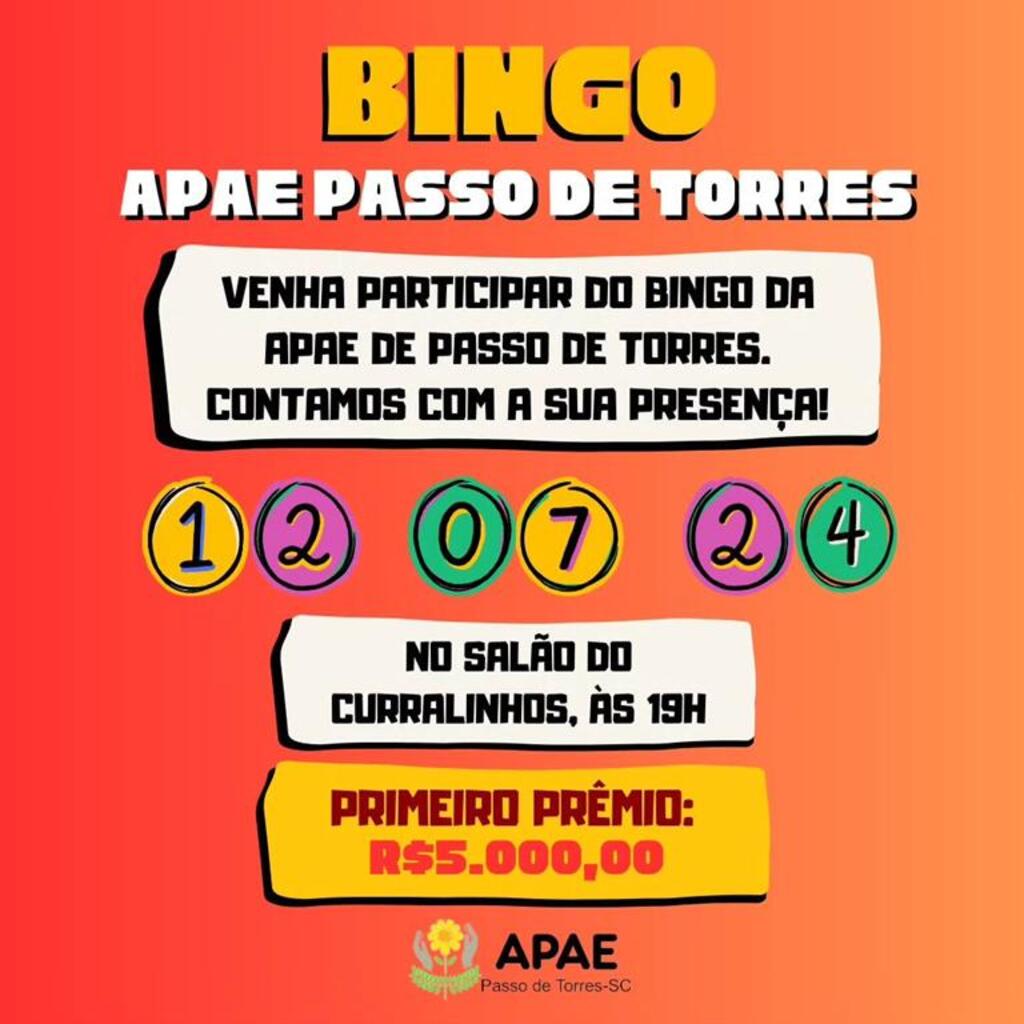 BINGO DA APAE DE PASSO DE TORRES ACONTECE NA  SEXTA-FEIRA (12)