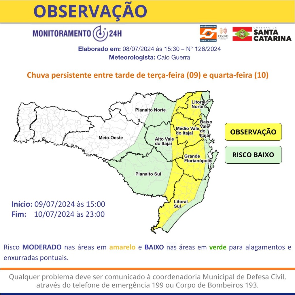 PREVISÃO DO TEMPO: SEMANA EM SANTA CATARINA TEM CHUVA PERSISTENTE E TEMPERATURAS BAIXAS