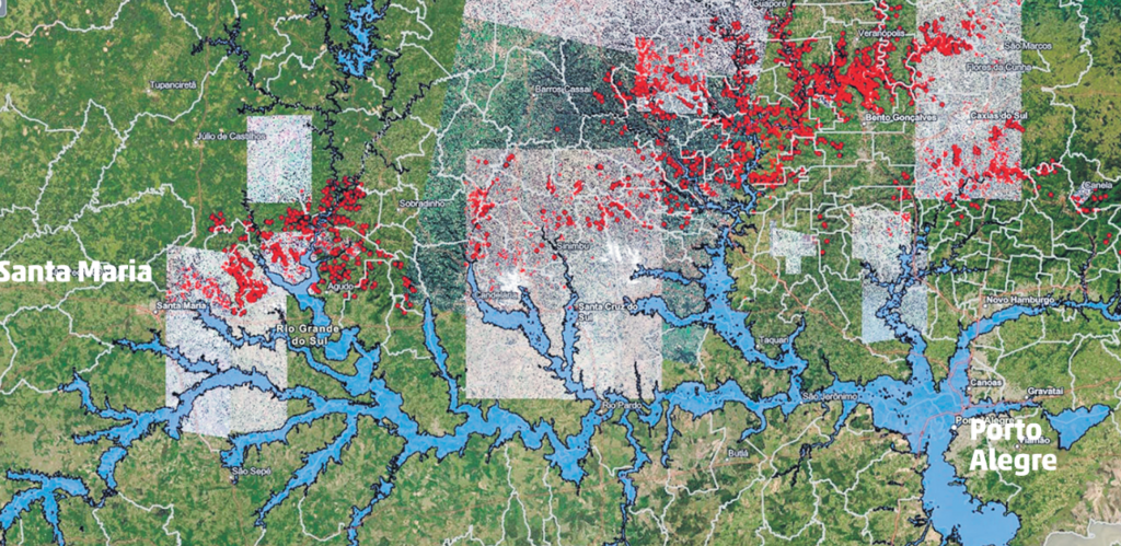 Foto: Webmapa Movimentos de Massa RS (Reprodução) - Mapa online mostra áreas que alagaram (em azul) e os 8 mil pontos de deslizamento (em vermelho)