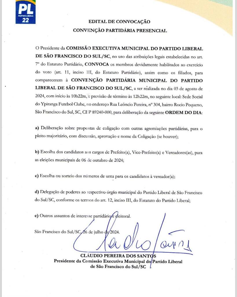 Partido Liberal de São Francisco do Sul realiza Convenção Partidária dia 3 de agosto na Sede do Ypiranga Futebol Clube