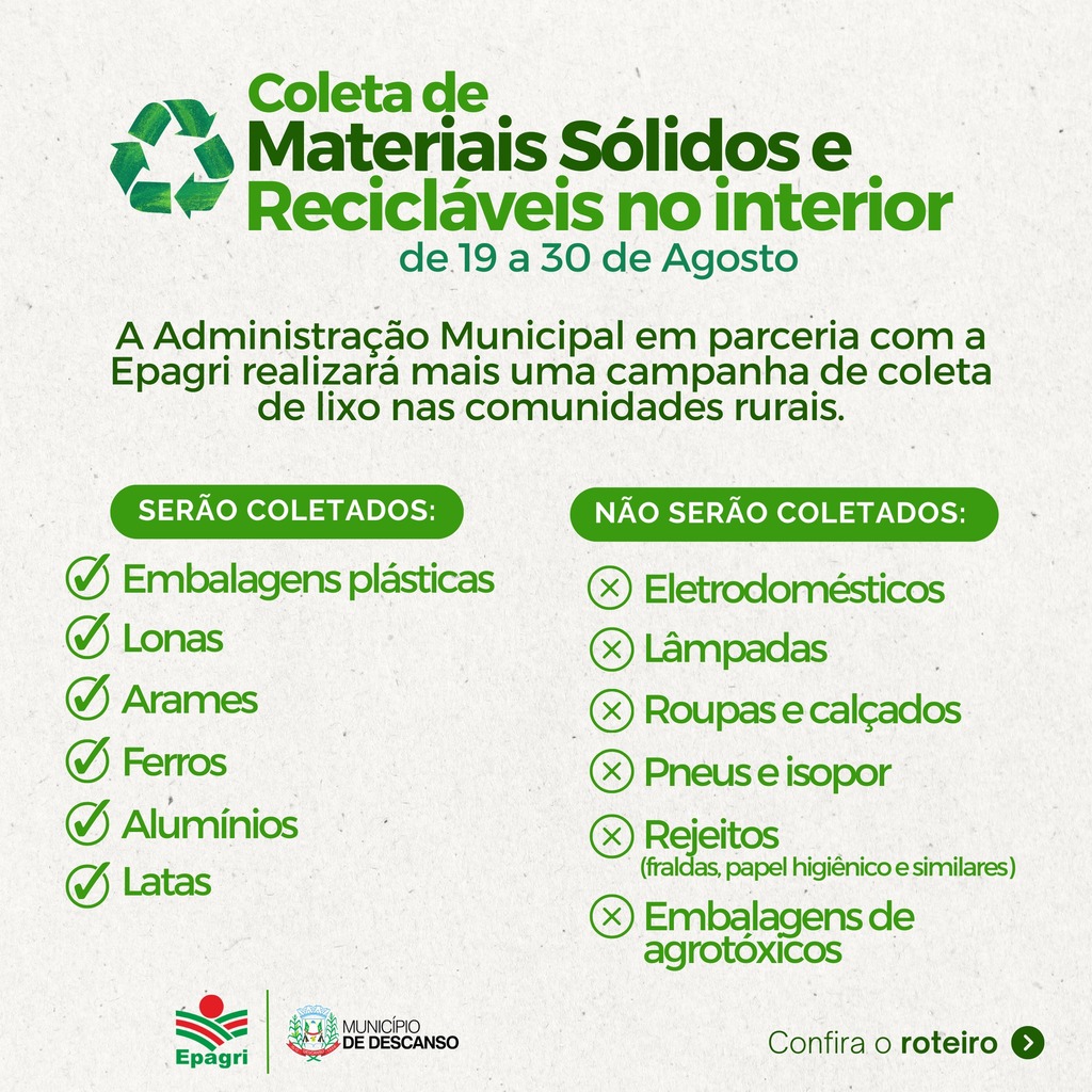 Coleta de materiais recicláveis no meio rural inicia nesta segunda