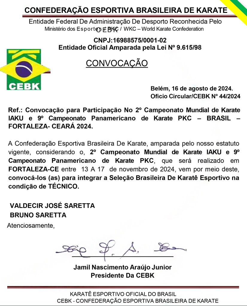 Mestre Saretta e Sensei Bruno Saretta convocados para o  Mundial como Técnicos da Seleção Brasileira de Karatê