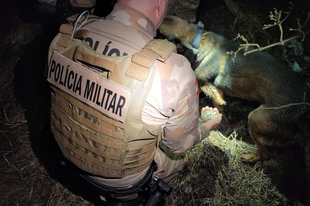 (Imagem divulgação PM) - Com ajuda de cão de faro, PM localiza drogas em Laguna