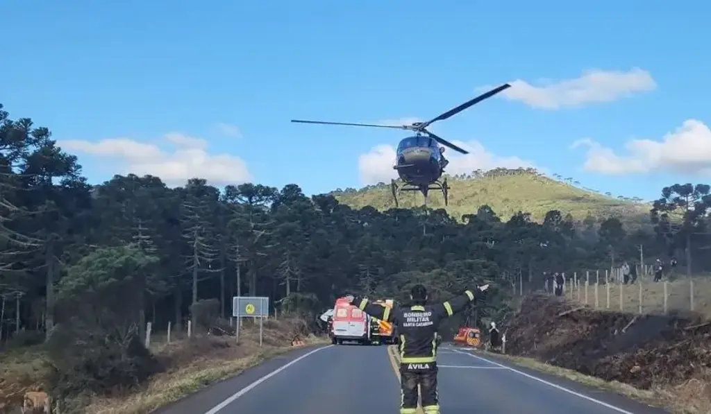 Carreta carregada de pinus tomba e deixa passageiro preso nas ferragens