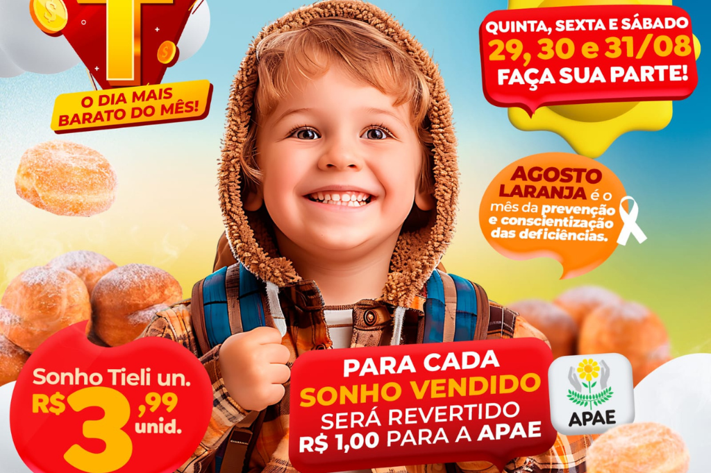 (Imagem divulgação) - Tieli Supermercado lança campanha beneficente em parceria com as APAEs durante o Agosto Laranja