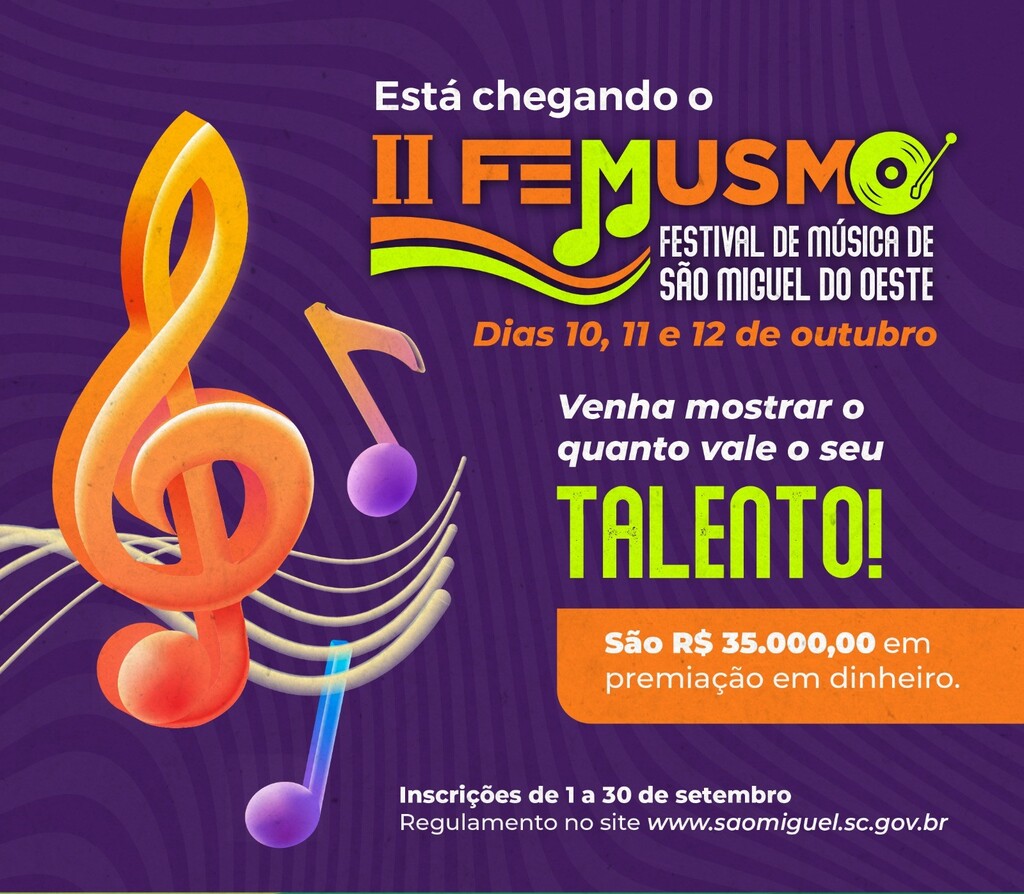 Inscrições para o 2º Festival de Música de São Miguel do Oeste iniciam domingo