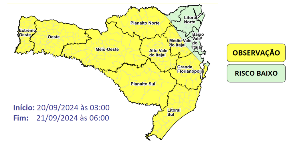Temporais com chuva pontualmente intensa entre a madrugada de sexta-feira (20) e o amanhecer do sábado (21)