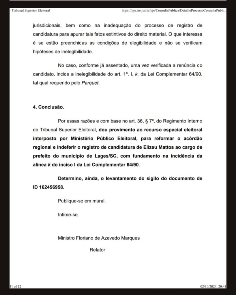 Indeferida candidatura de Elizeu Mattos à Prefeitura de Lages junto ao TSE