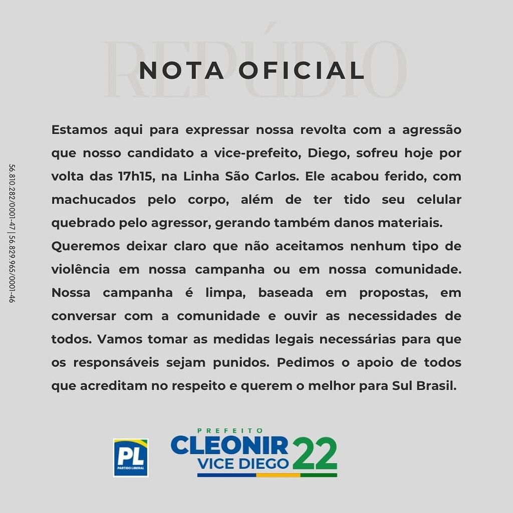 Candidato a vice-prefeito é agredido em Sul Brasil