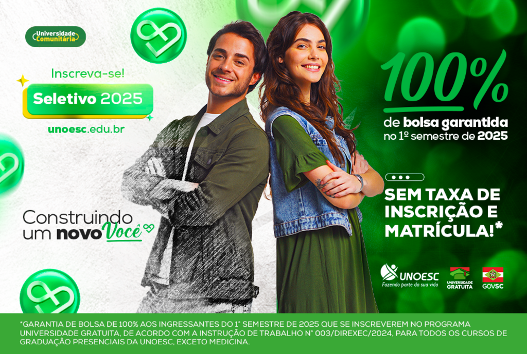 Unoesc oferta bolsas de 100% de desconto no primeiro semestre para os cursos presenciais