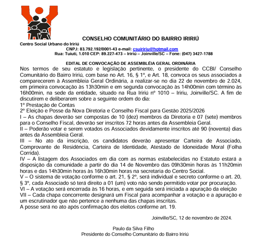 EDITAL DE CONVOCAÇÃO DE ASSEMBLÉIA GERAL ORDINÁRIA CONSELHO COMUNITÁRIO DO BAIRRO IRIRIÚ