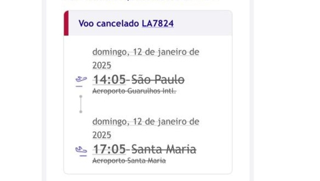 Foto Reprodução - Em e-mail enviado a clientes nesta quarta, Latam informa que voo de Santa Maria a Guarulhos, da VoePass, foi cancelado a partir de 2025