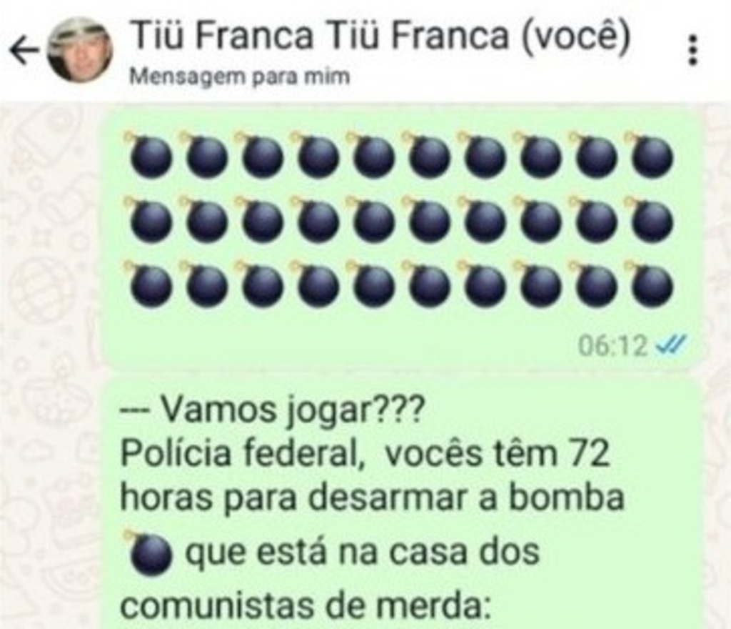 Em mensagem no WhatsApp, suposto autor de atentado no STF disse que Polícia Federal teria 72 horas para desarmar bombas