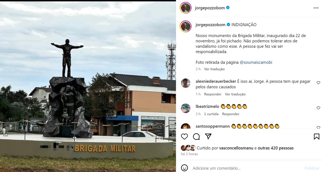 Três dias depois de ser inaugurado, monumento da Brigada é vandalizado em Santa Maria