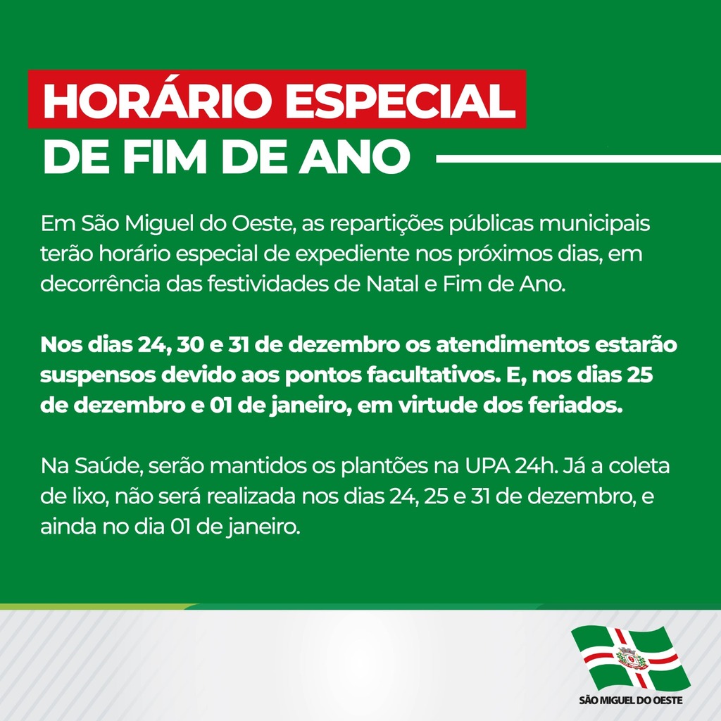 Repartições públicas municipais terão horário especial de fim de ano