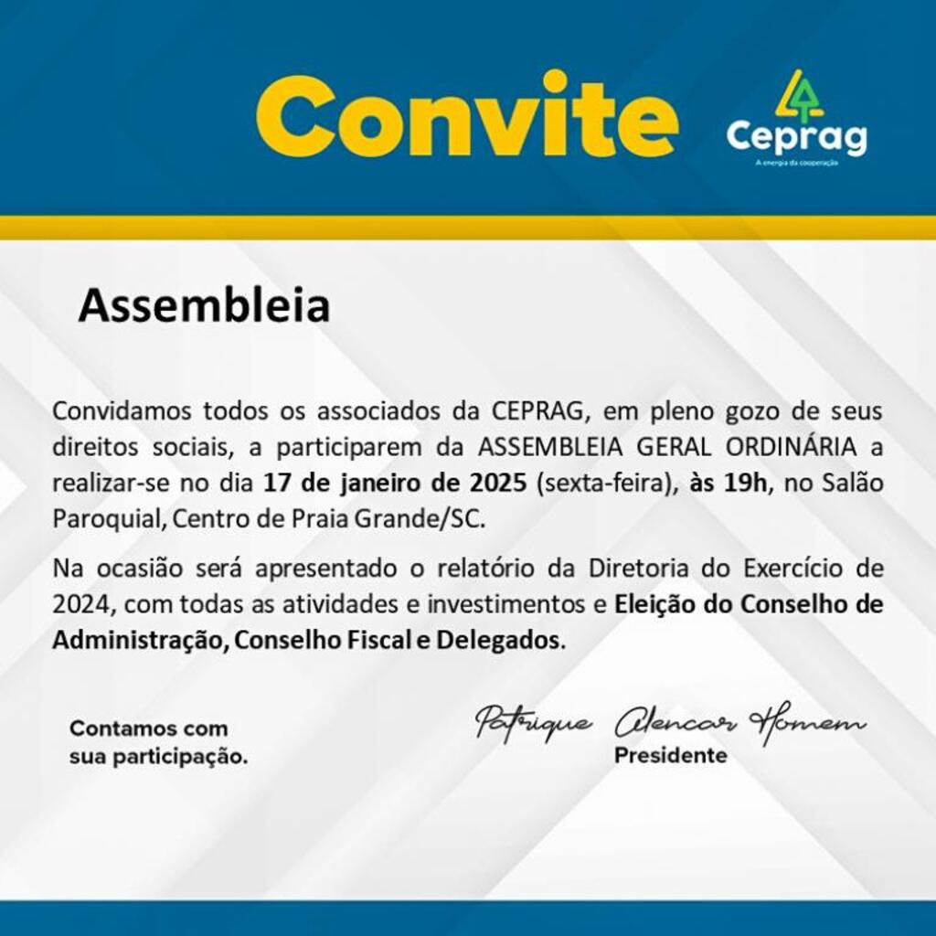 COOPERATIVA DE ELETRICIDADE PRAIA GRANDE REALIZARÁ ASSEMBLEIA GERAL ORDINÁRIA