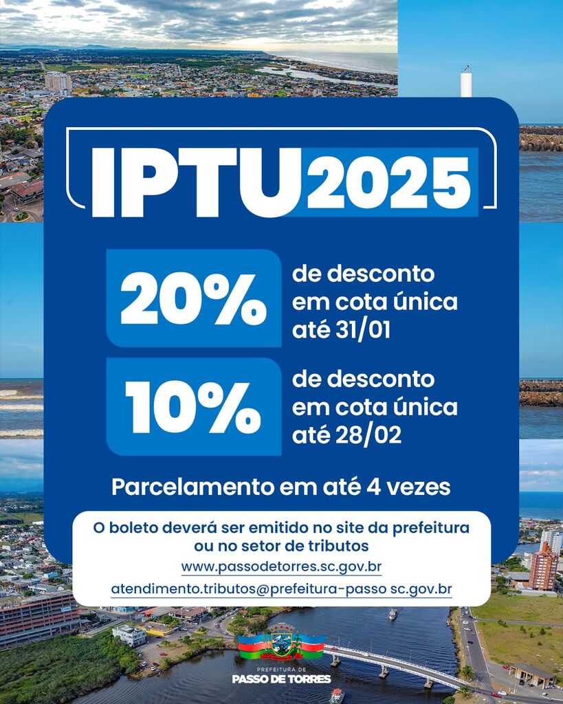 CONTRIBUINTES QUE PAGAREM O IPTU EM JANEIRO GARANTEM 20% DE DESCONTO