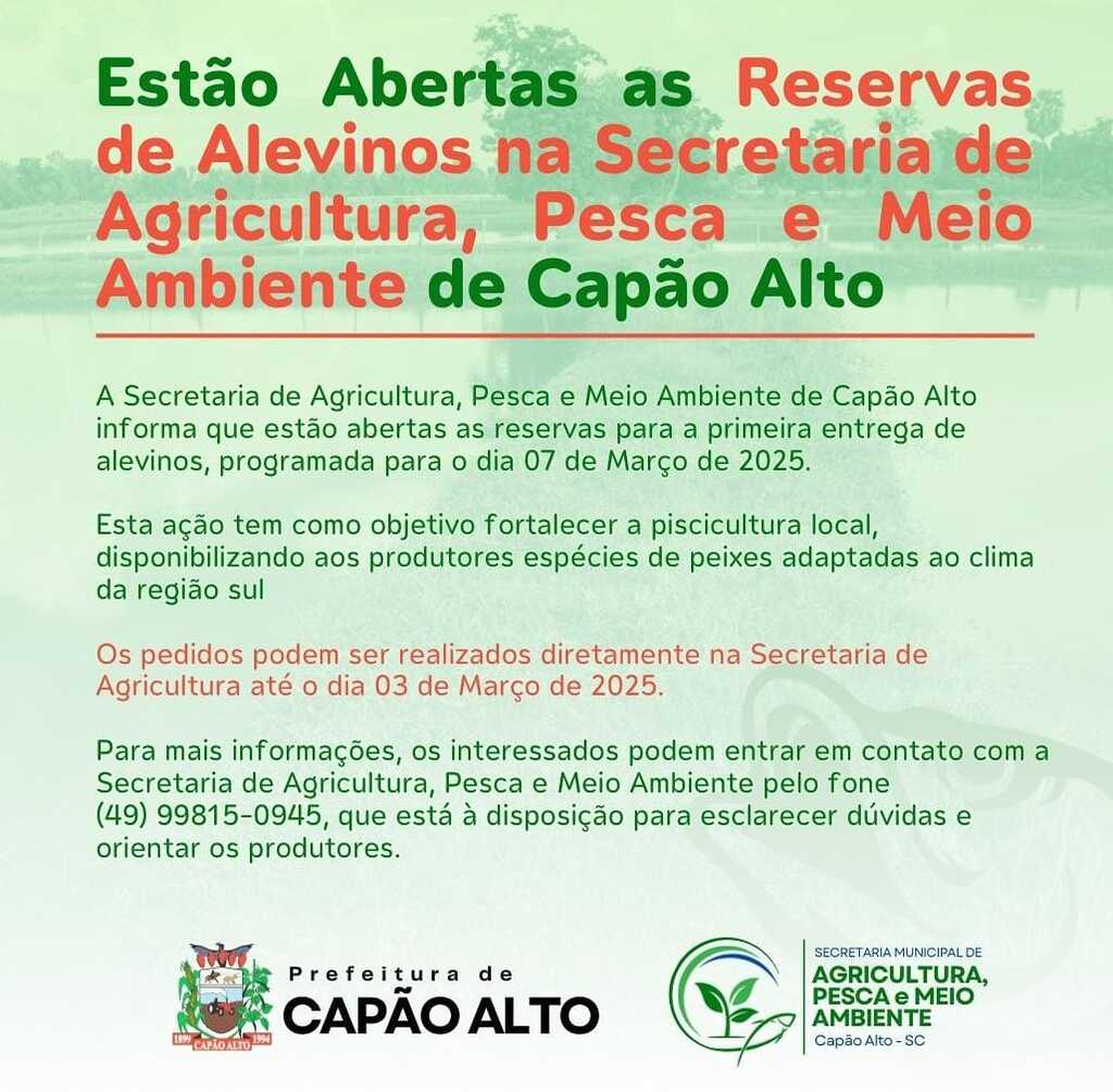 Estão abertas as reservas de Alevinos em Capão Alto