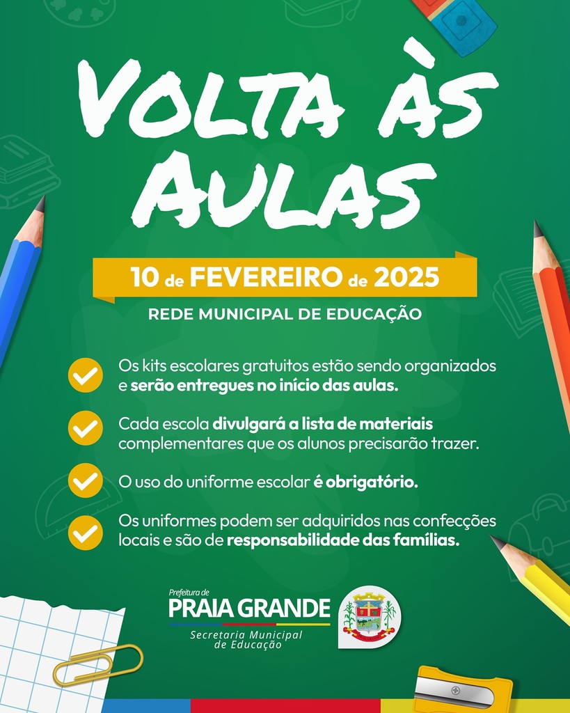 AULAS NA REDE MUNICIPAL DE ENSINO DE PRAIA GRANDE INICIAM DIA 10 DE FEVEREIRO