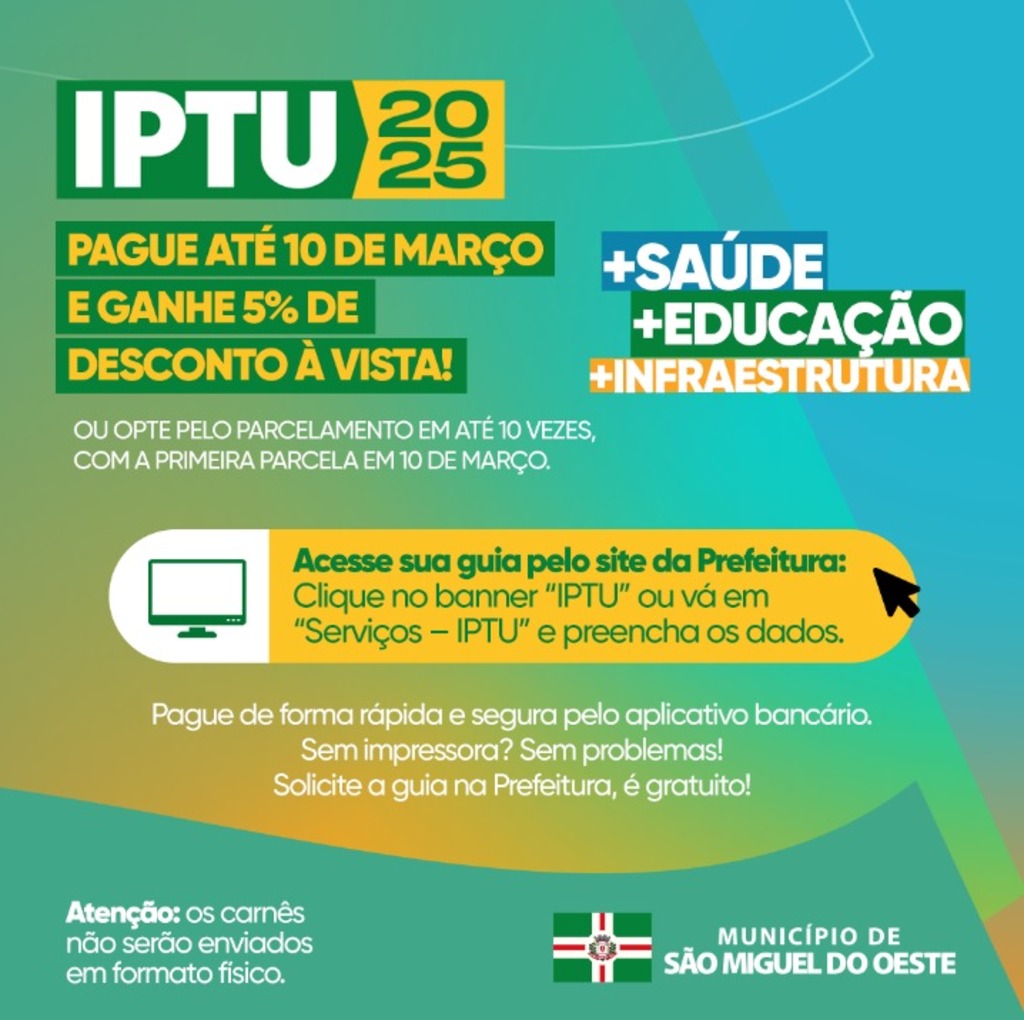 Município vai conceder desconto para pagamento à vista do IPTU