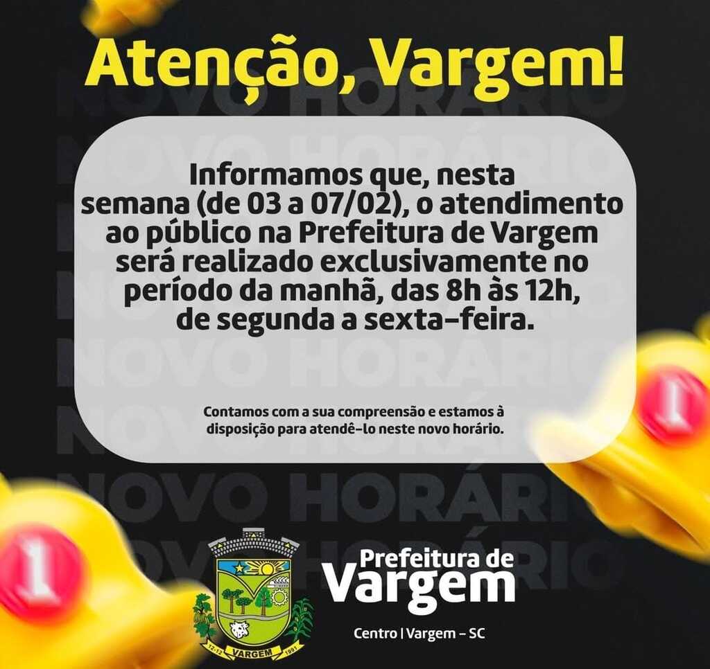 Prefeitura Municipal de Vargem está com novo horário de atendimento nesta semana